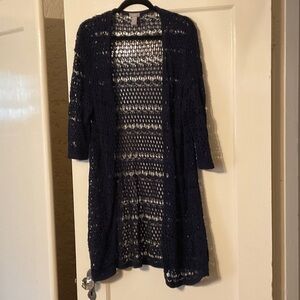 Women's Navy Crocheted Long Cardigan